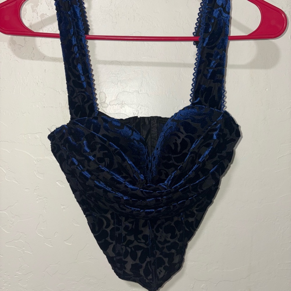 Windsor Blue and Black Ruched Bustier Bodysuit